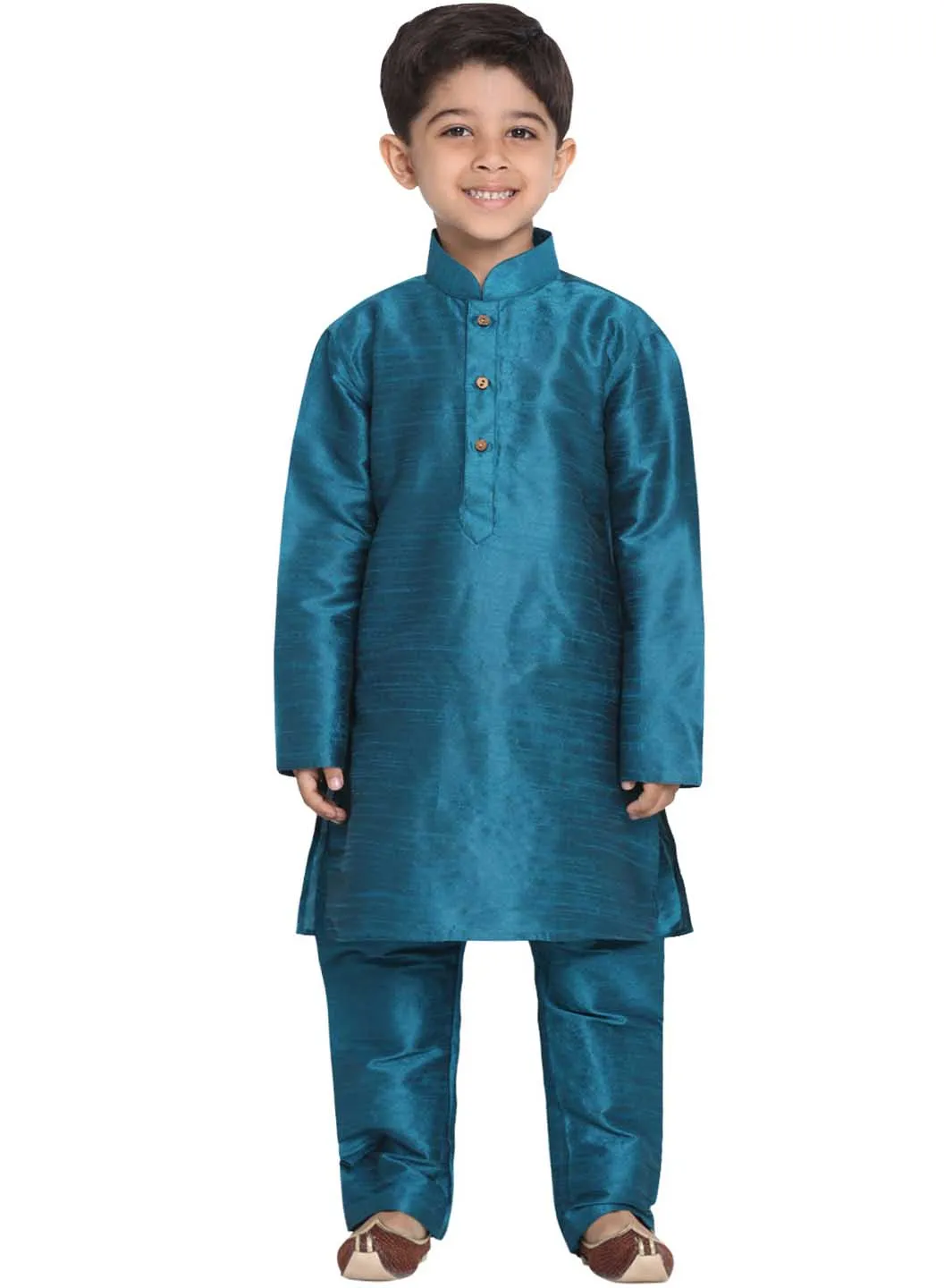 VASTRAMAY Boys' Blue Cotton Silk Blend Kurta and Pyjama Set