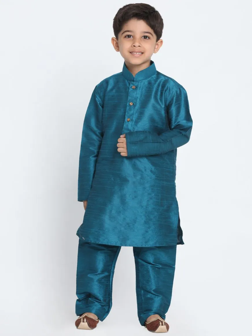 VASTRAMAY Boys' Blue Cotton Silk Blend Kurta and Pyjama Set