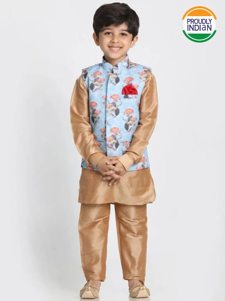 Vastramay Boys' Gold Cotton Silk Blend Kurta, Nehru Jacket and Pyjama Set