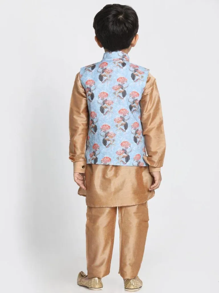 Vastramay Boys' Gold Cotton Silk Blend Kurta, Nehru Jacket and Pyjama Set