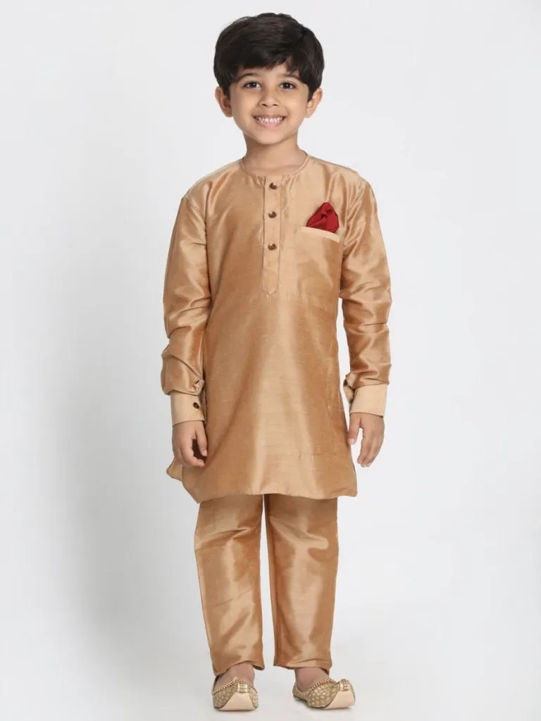 Vastramay Boys' Gold Cotton Silk Blend Kurta, Nehru Jacket and Pyjama Set