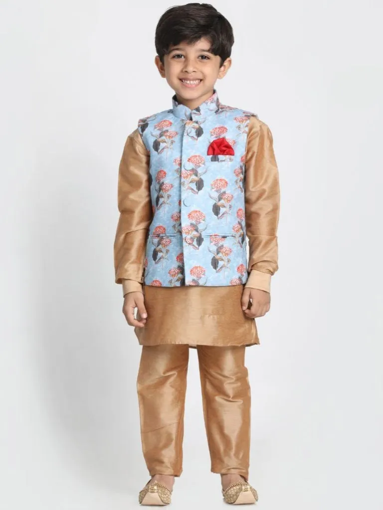 Vastramay Boys' Gold Cotton Silk Blend Kurta, Nehru Jacket and Pyjama Set