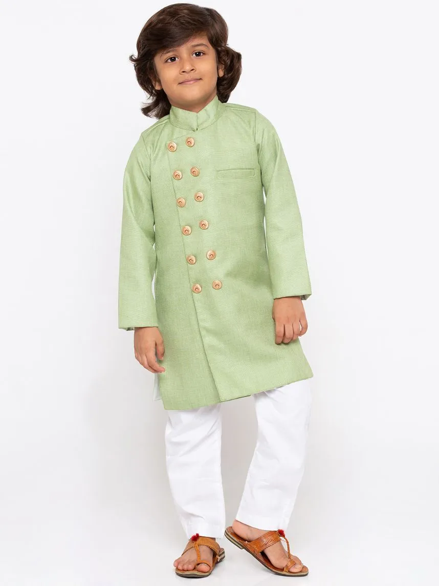 VASTRAMAY Boys' Green Cotton Silk Sherwani and Churidar Set