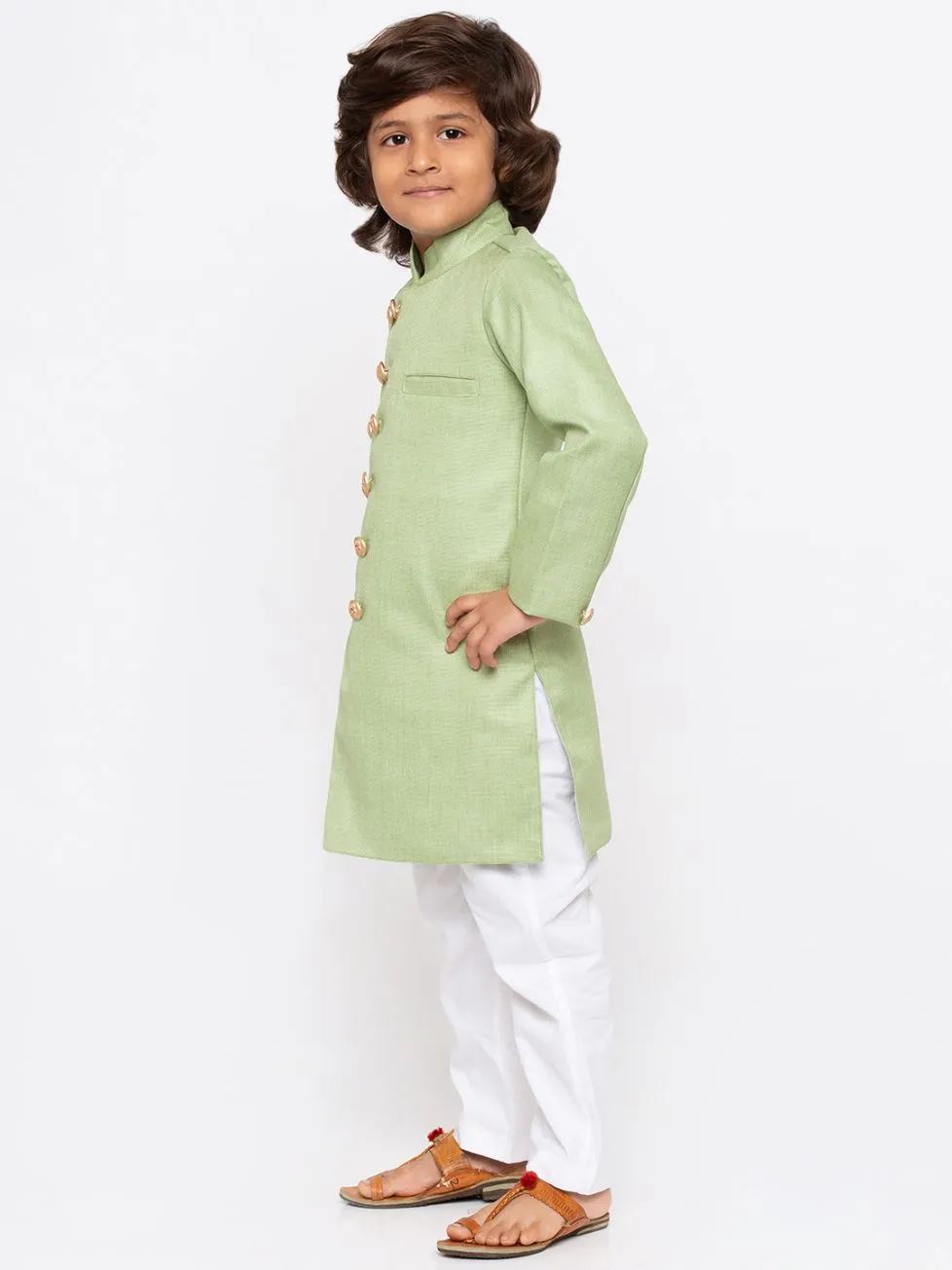 VASTRAMAY Boys' Green Cotton Silk Sherwani and Churidar Set