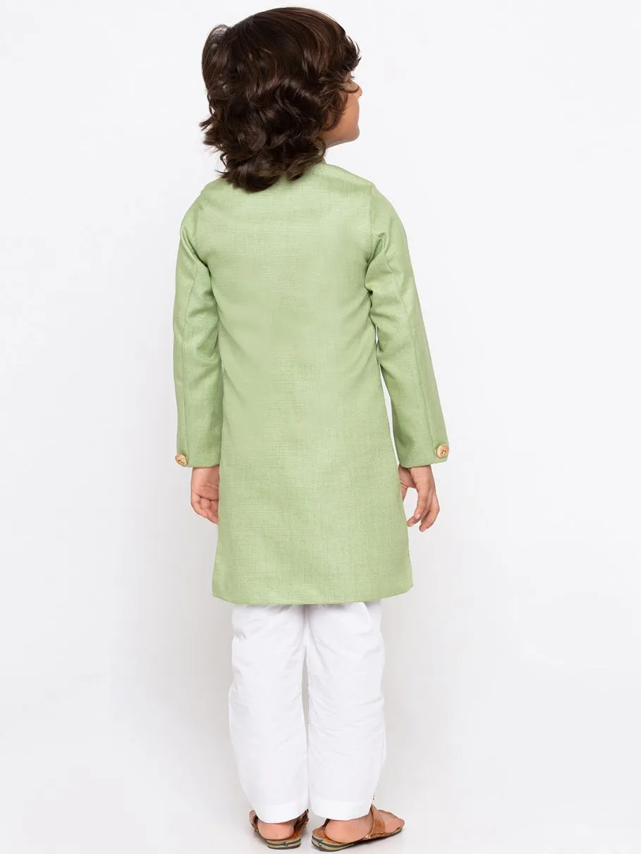 VASTRAMAY Boys' Green Cotton Silk Sherwani and Churidar Set