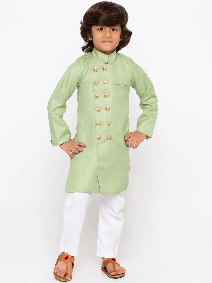 VASTRAMAY Boys' Green Cotton Silk Sherwani and Churidar Set