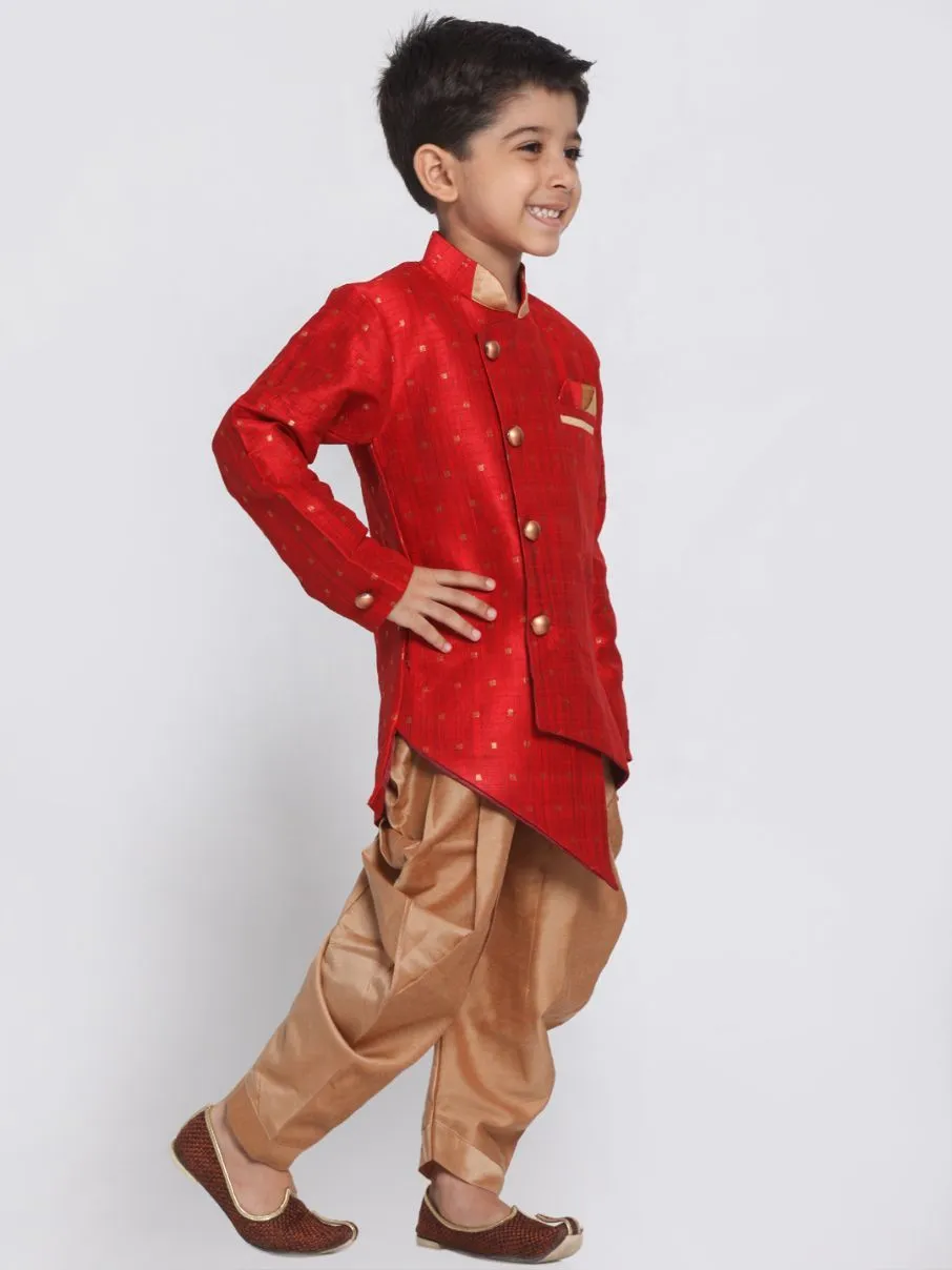 Vastramay Boys' Maroon Cotton Silk Blend Kurta and Dhoti Set