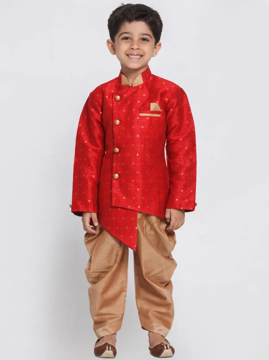 Vastramay Boys' Maroon Cotton Silk Blend Kurta and Dhoti Set