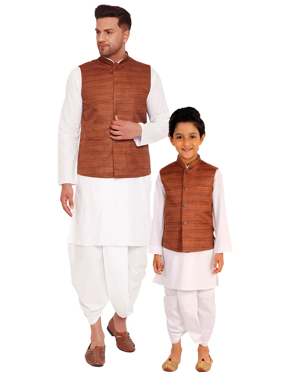 VASTRAMAY Brown Color Cotton Silk Nehru Jacket & White Dhoti Kurta Baap Beta Set