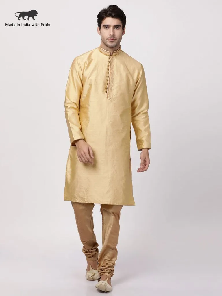 VASTRAMAY Men's Beige Cotton Silk Blend Kurta and Pyjama Set