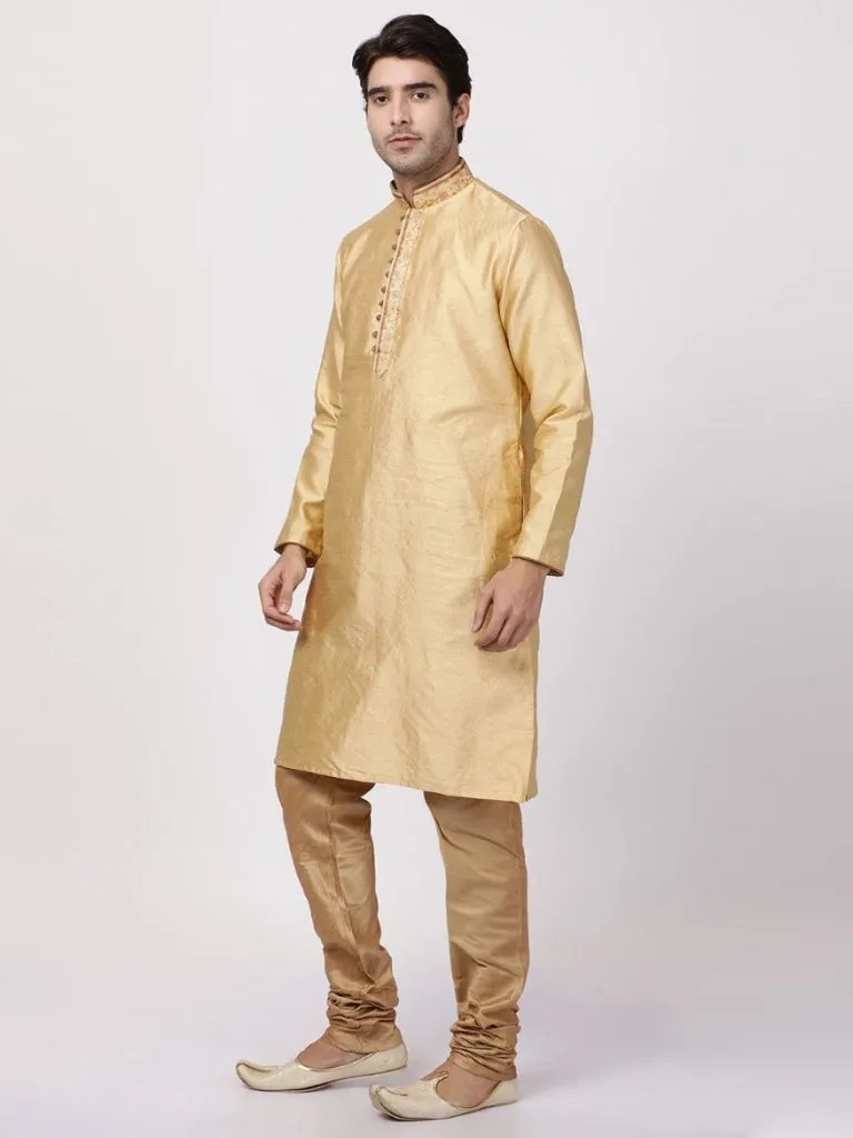 VASTRAMAY Men's Beige Cotton Silk Blend Kurta and Pyjama Set