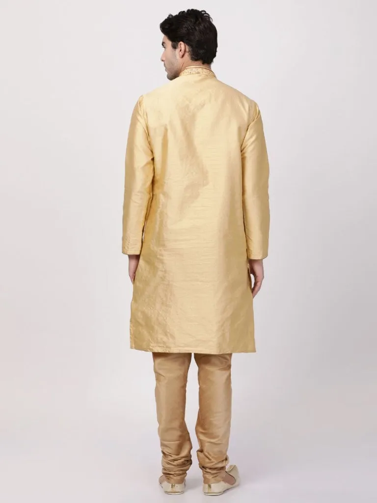 VASTRAMAY Men's Beige Cotton Silk Blend Kurta and Pyjama Set