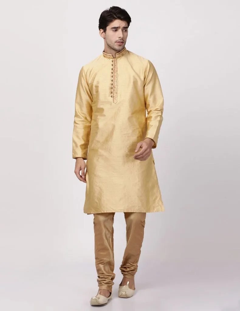 VASTRAMAY Men's Beige Cotton Silk Blend Kurta and Pyjama Set