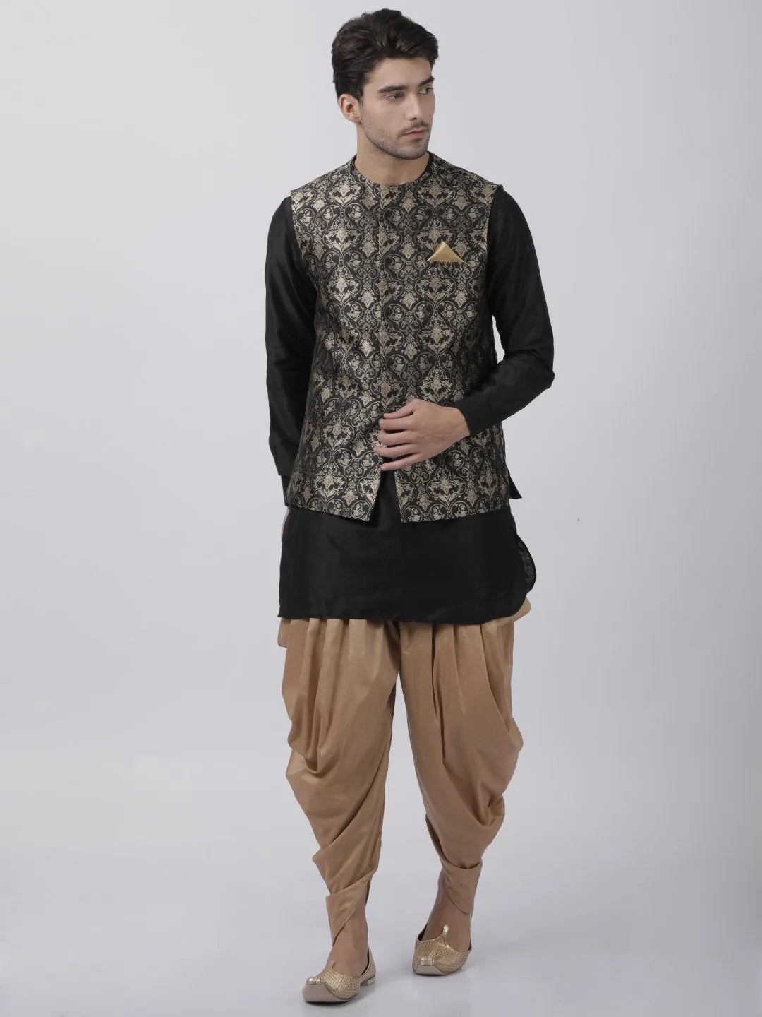 VASTRAMAY Men's Black Cotton Silk Blend Ethnic Jacket, Kurta and Dhoti Pant Set