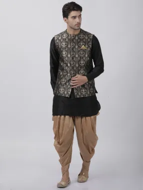 VASTRAMAY Men's Black Cotton Silk Blend Ethnic Jacket, Kurta and Dhoti Pant Set