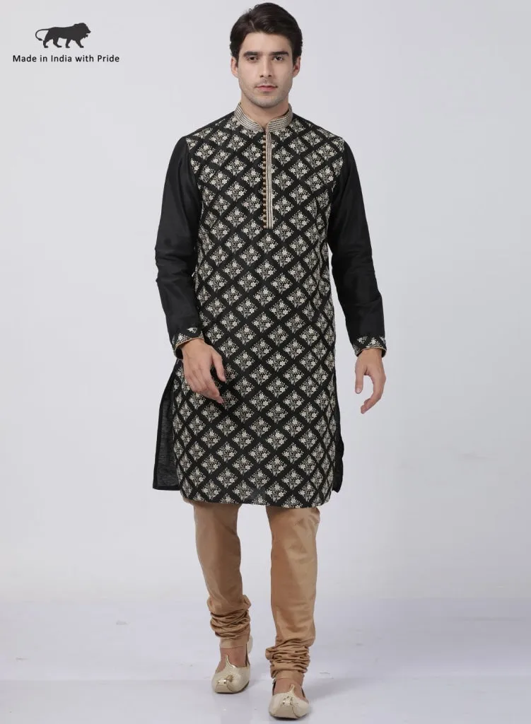 VASTRAMAY Men's Black Cotton Silk Blend Kurta and Pyjama Set