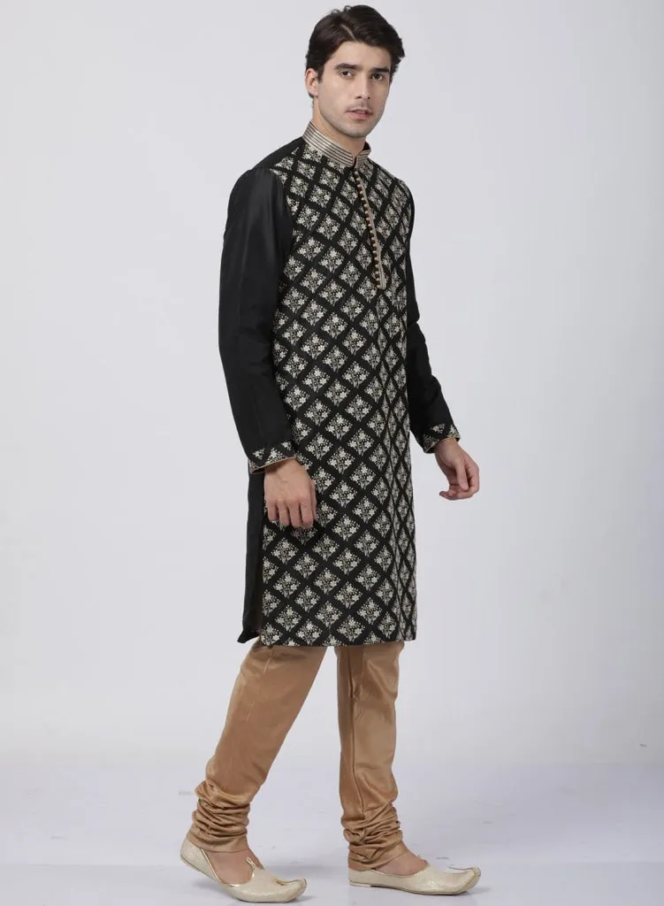 VASTRAMAY Men's Black Cotton Silk Blend Kurta and Pyjama Set