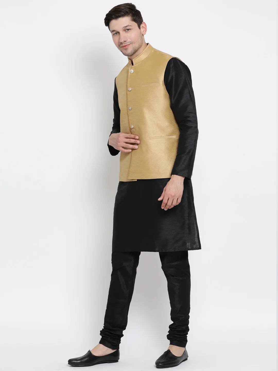 VASTRAMAY Men's Black Cotton Silk Blend Kurta, Ethnic Jacket and Pyjama Set