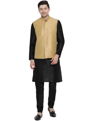 VASTRAMAY Men's Black Cotton Silk Blend Kurta, Ethnic Jacket and Pyjama Set