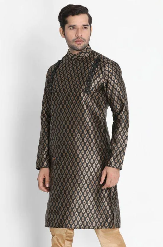 VASTRAMAY Men's Black Cotton Silk Blend Kurta