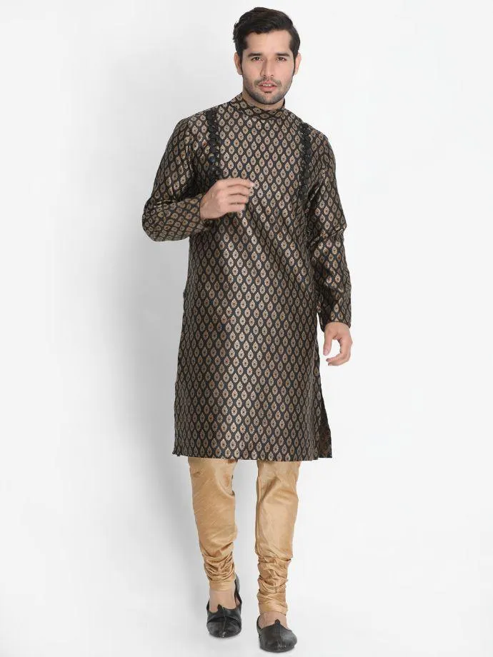 VASTRAMAY Men's Black Cotton Silk Blend Kurta