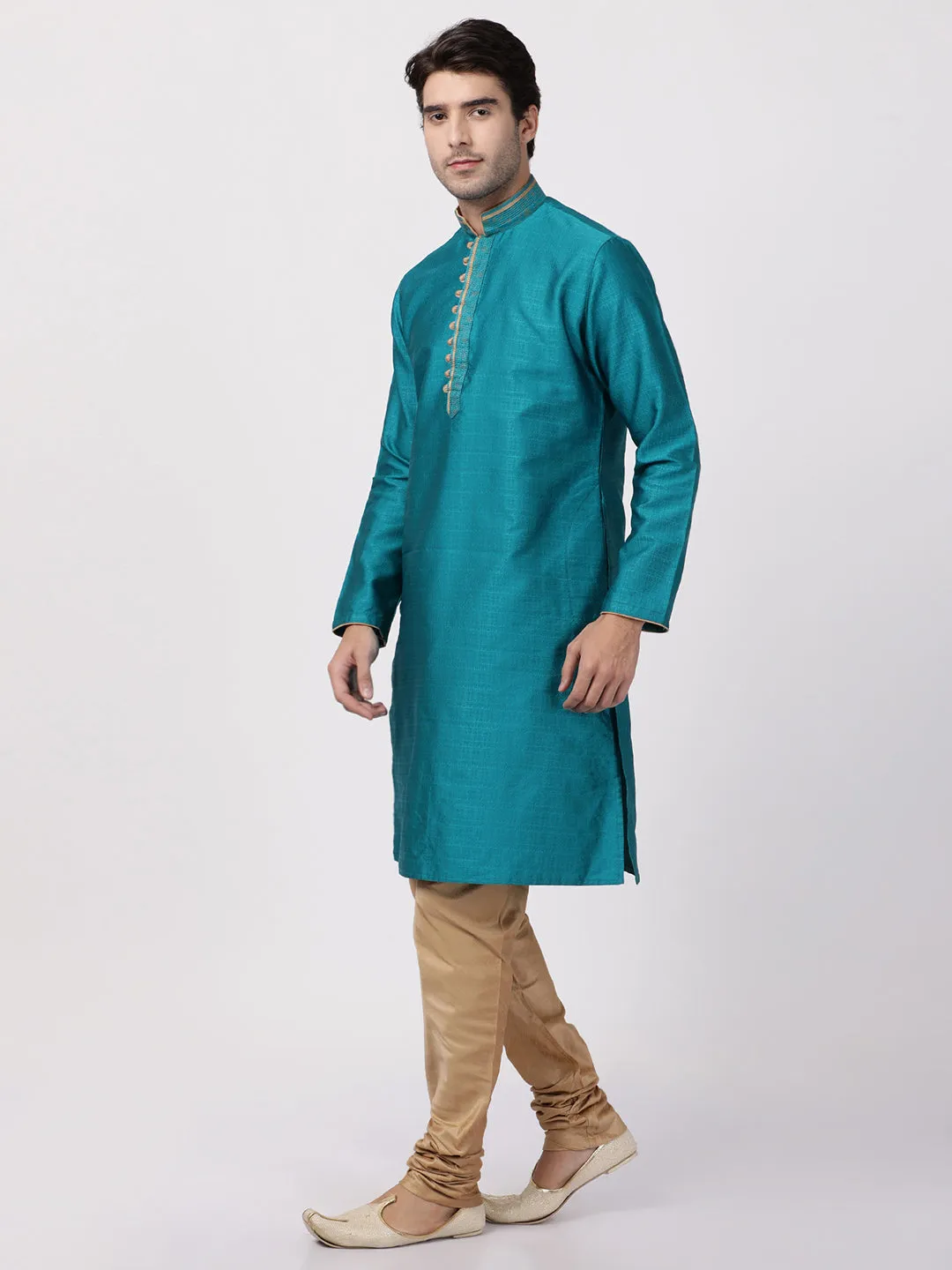 VASTRAMAY Men's Blue Cotton Silk Blend Kurta and Churidar Set