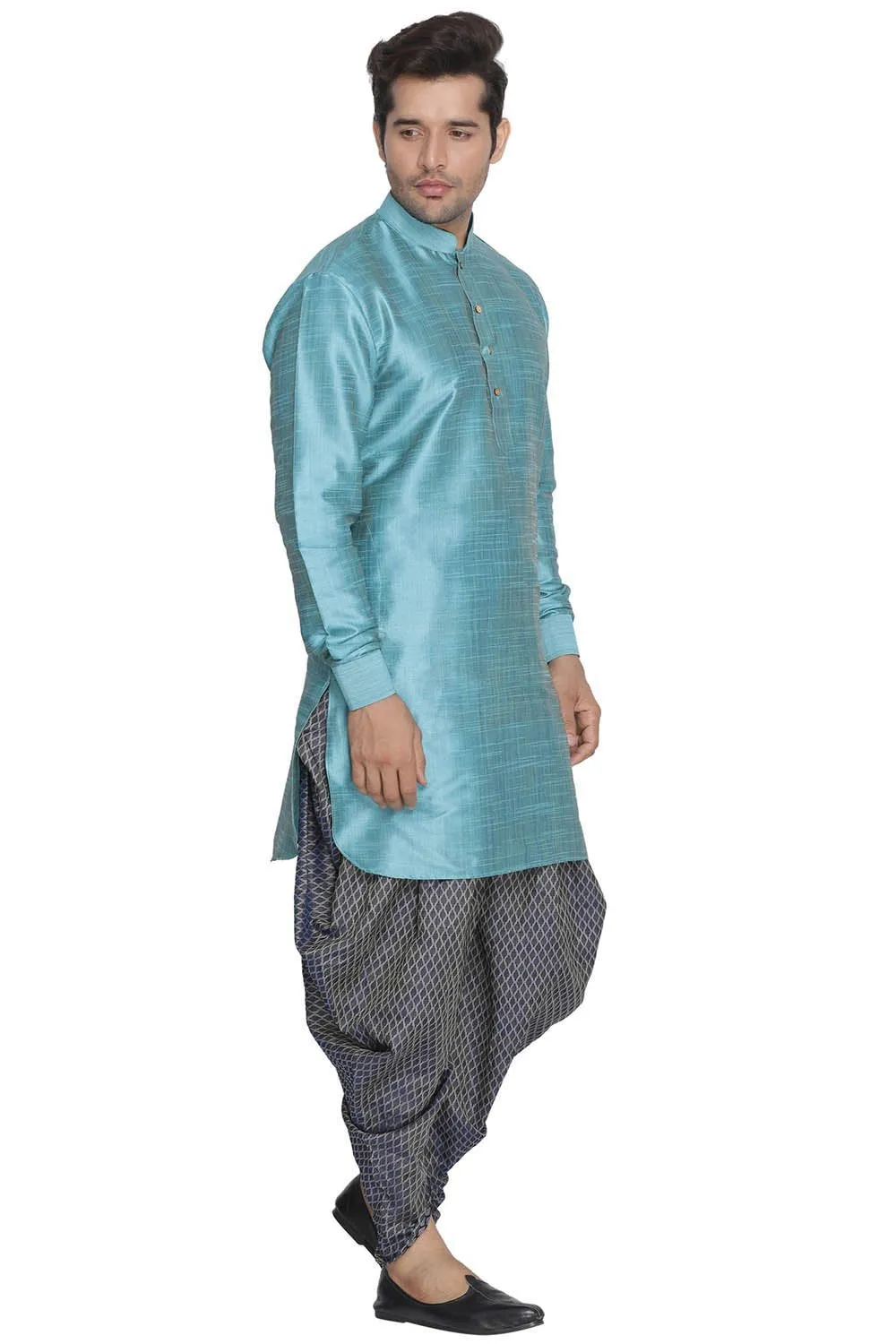 VASTRAMAY Men's Blue Cotton Silk Blend Kurta and Dhoti Pant Set