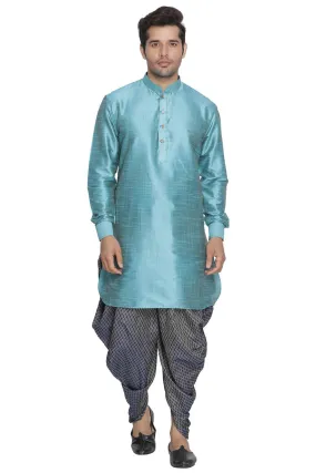 VASTRAMAY Men's Blue Cotton Silk Blend Kurta and Dhoti Pant Set