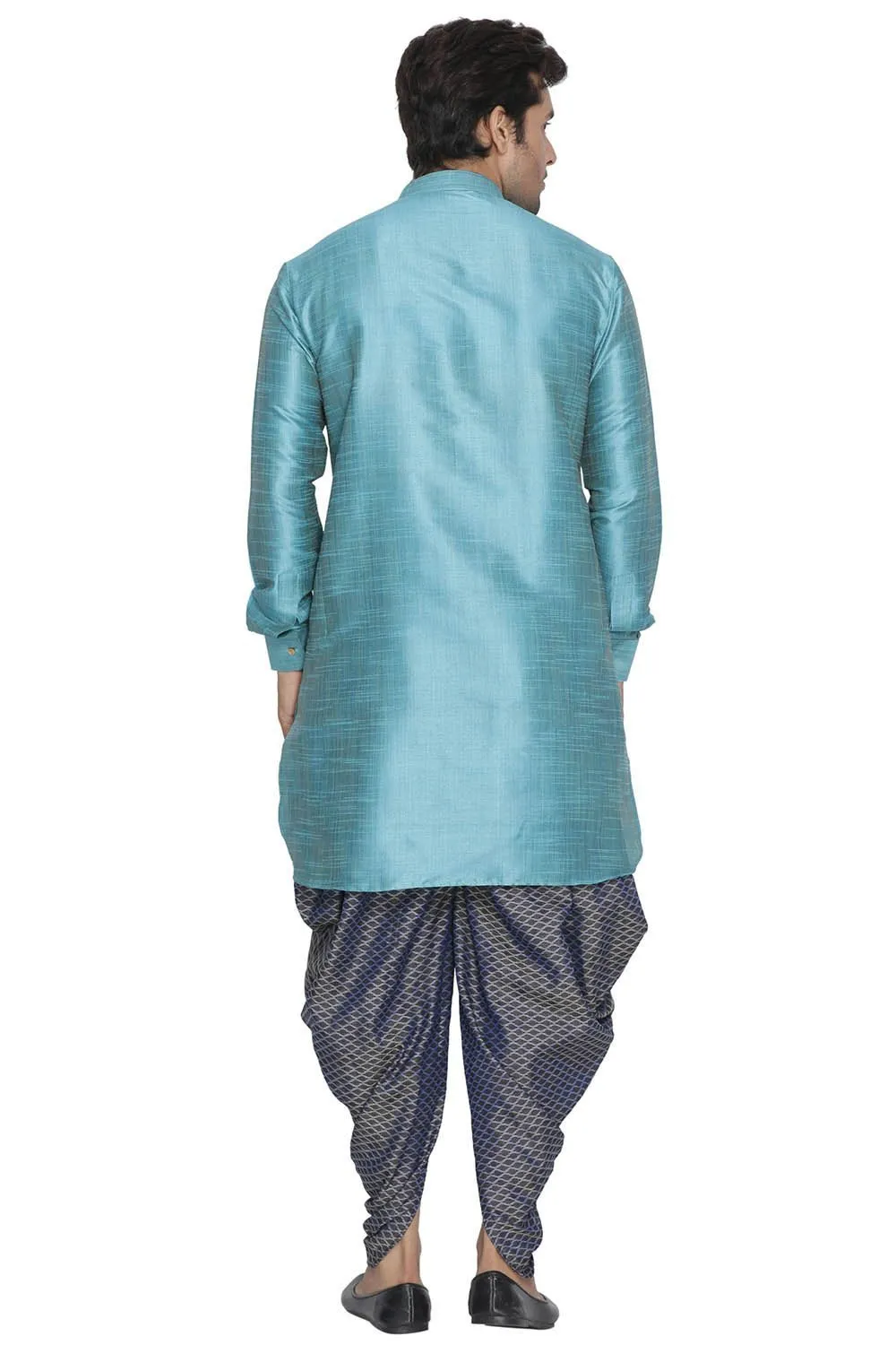 VASTRAMAY Men's Blue Cotton Silk Blend Kurta and Dhoti Pant Set