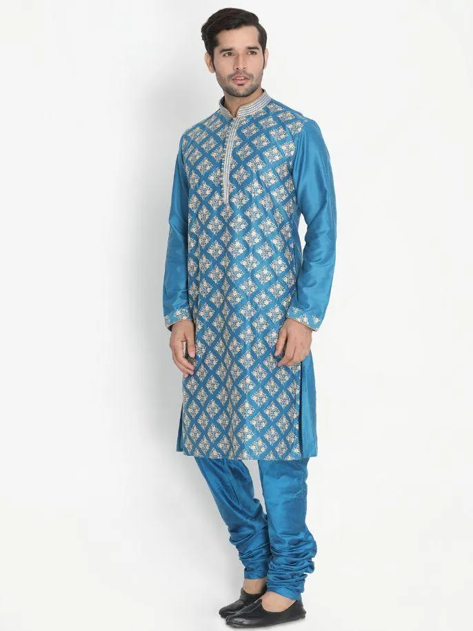 VASTRAMAY Men's Blue Cotton Silk Blend Kurta and Pyjama Set