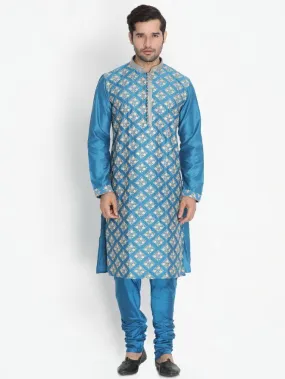 VASTRAMAY Men's Blue Cotton Silk Blend Kurta and Pyjama Set