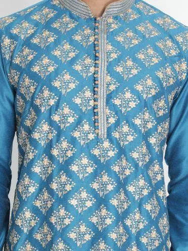 VASTRAMAY Men's Blue Cotton Silk Blend Kurta and Pyjama Set