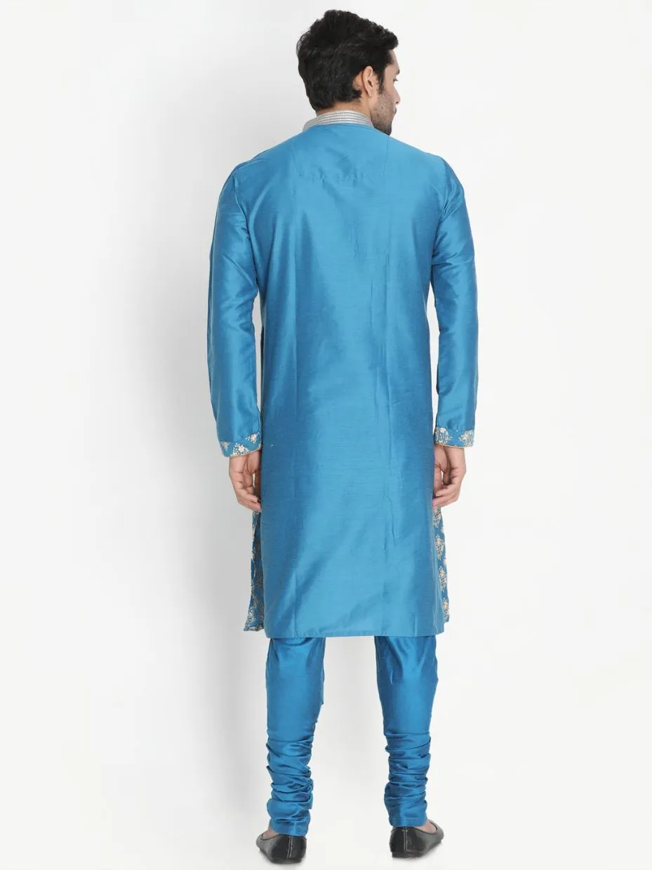 VASTRAMAY Men's Blue Cotton Silk Blend Kurta and Pyjama Set