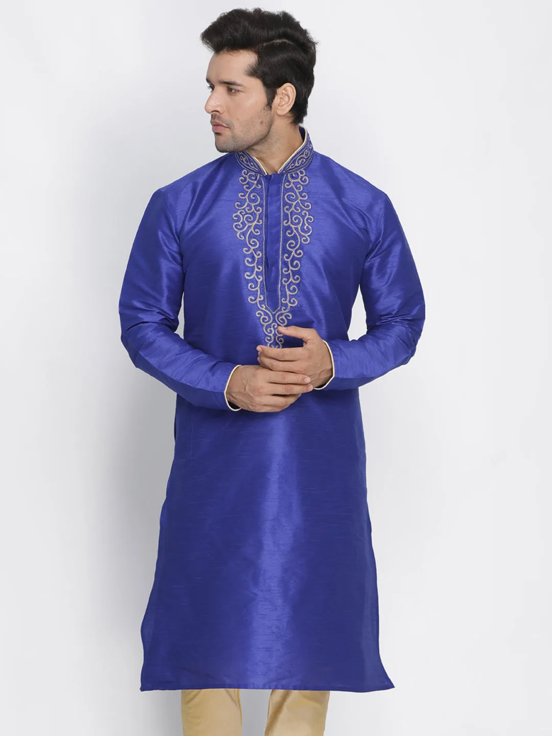 VASTRAMAY Men's Blue Cotton Silk Blend Kurta