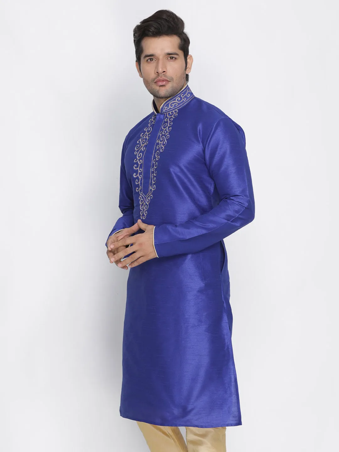 VASTRAMAY Men's Blue Cotton Silk Blend Kurta