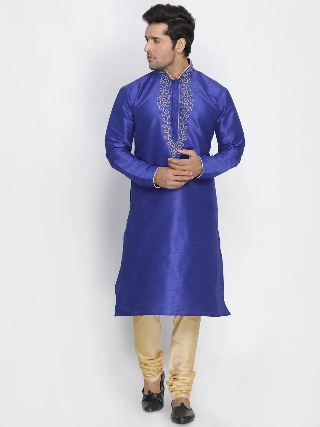 VASTRAMAY Men's Blue Cotton Silk Blend Kurta