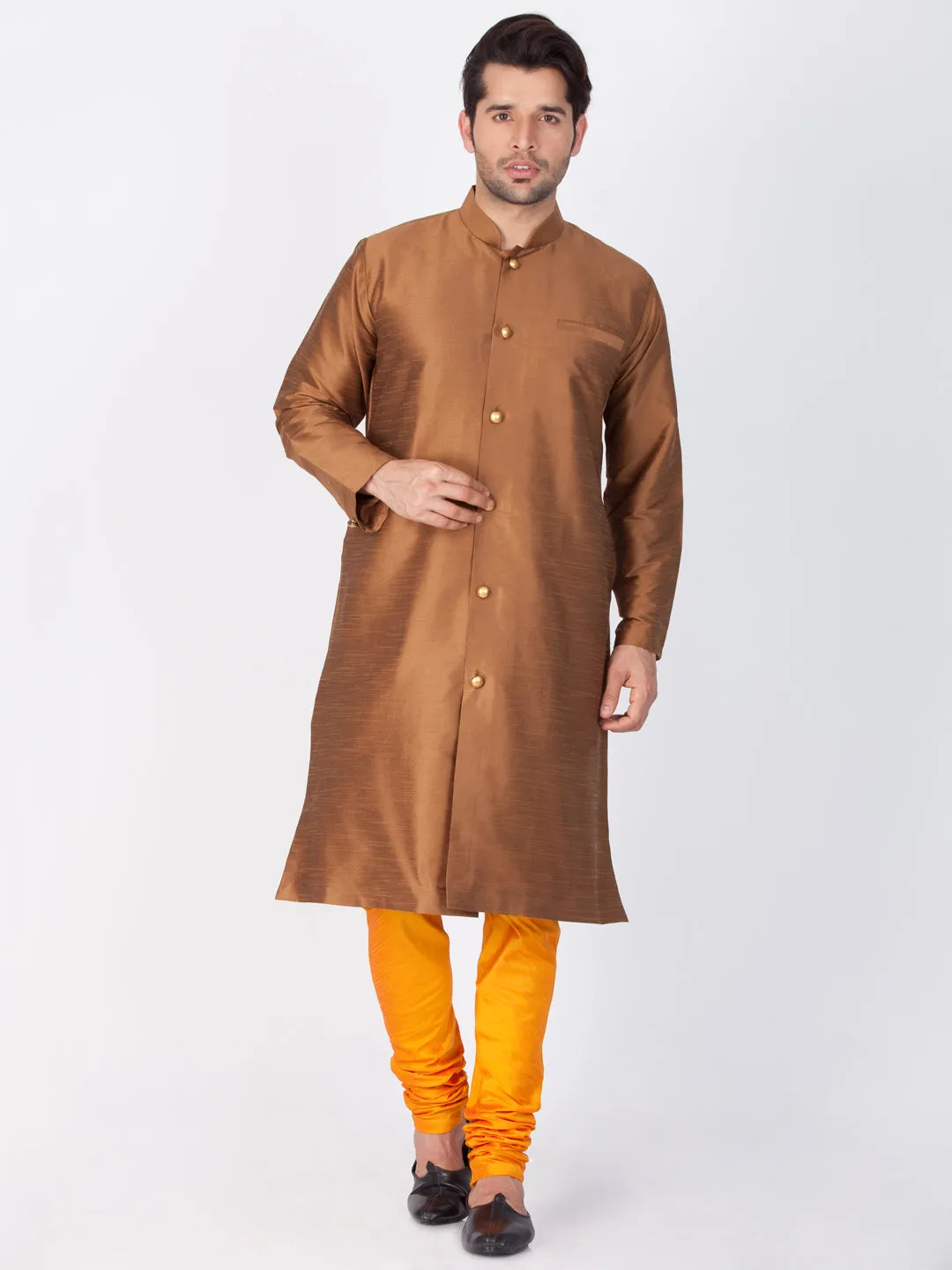 VASTRAMAY Men's Brown Cotton Silk Blend Sherwani Set