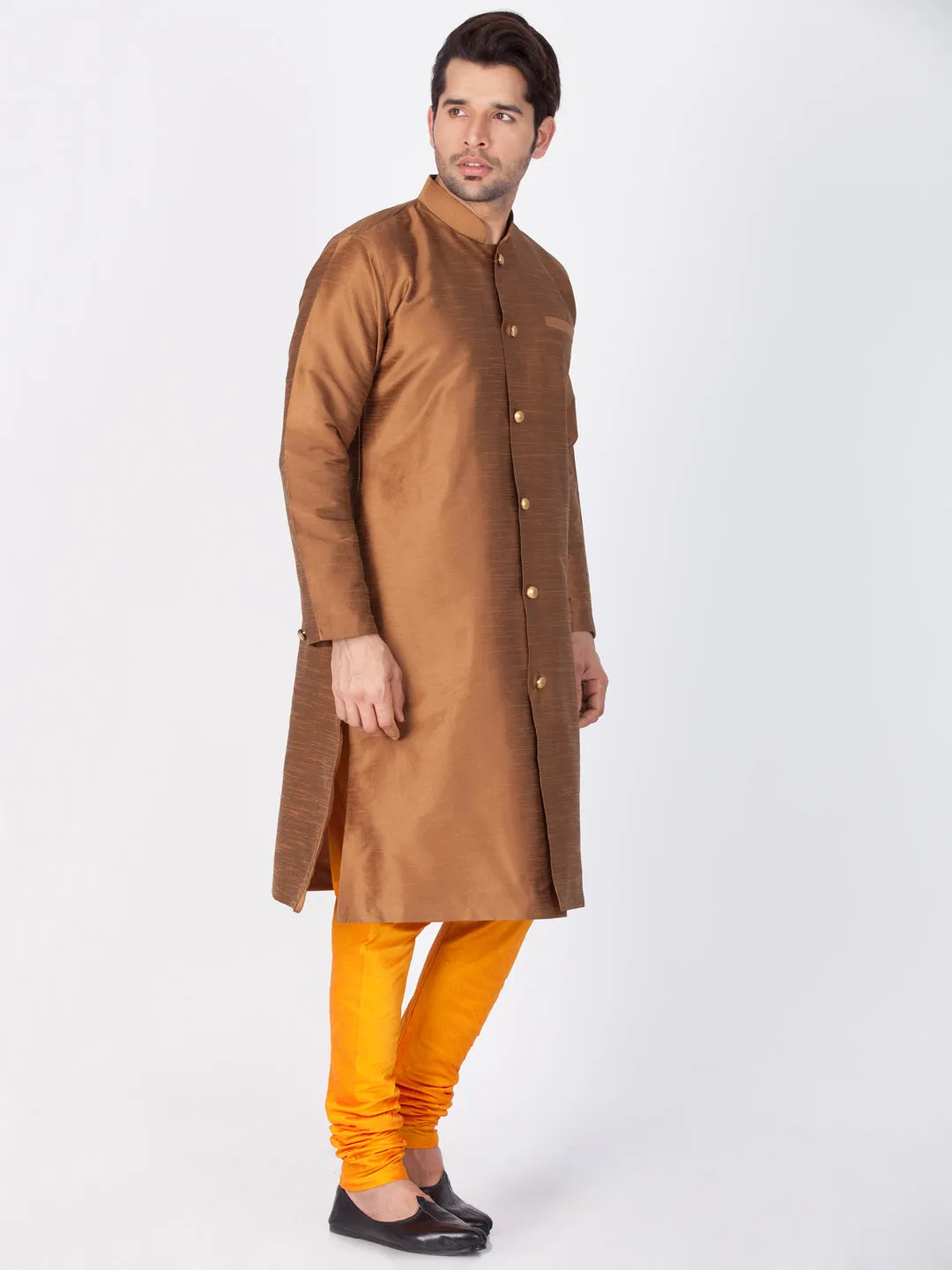 VASTRAMAY Men's Brown Cotton Silk Blend Sherwani Set