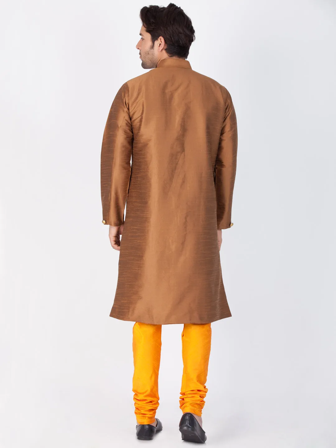 VASTRAMAY Men's Brown Cotton Silk Blend Sherwani Set