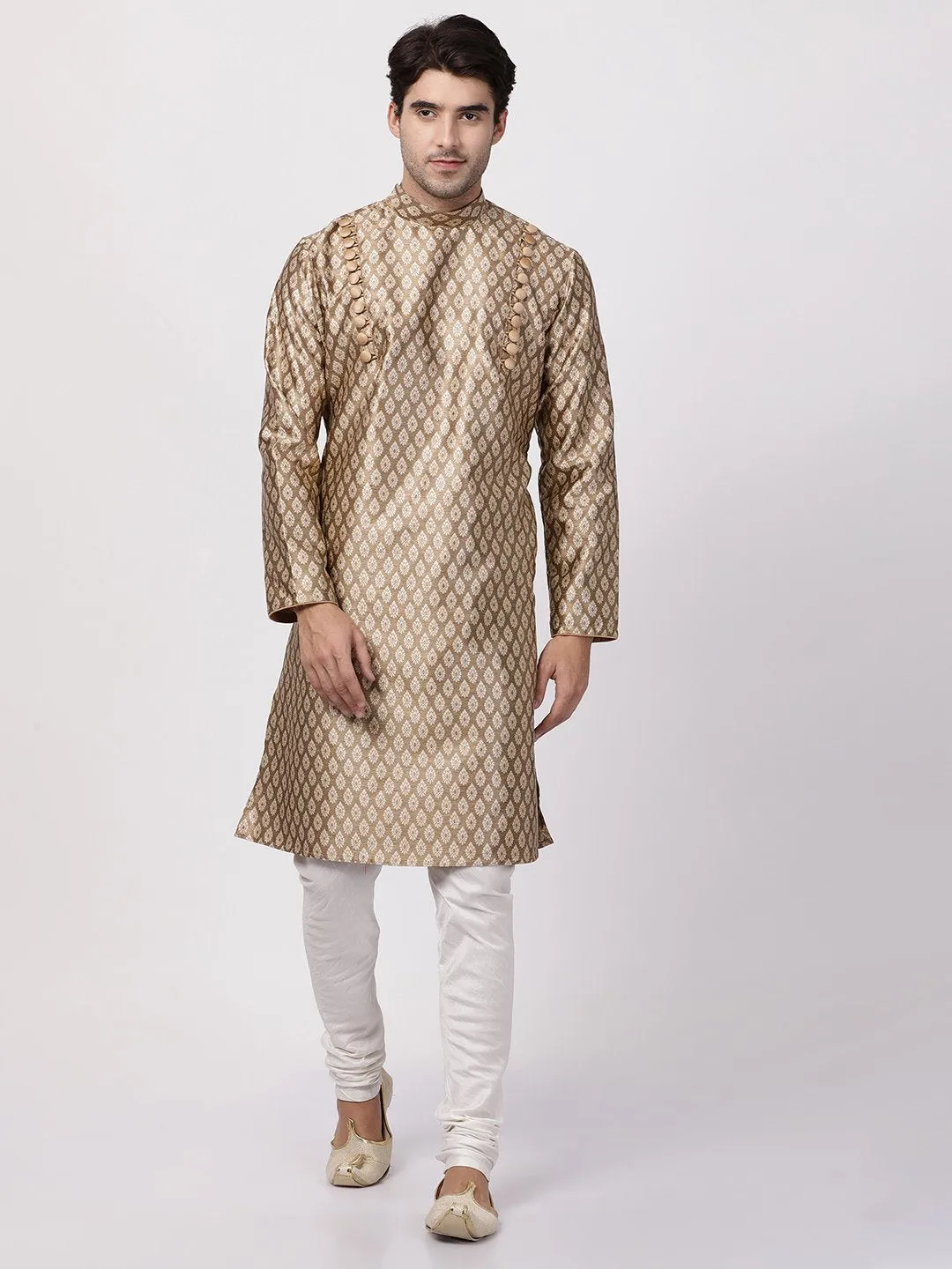 VASTRAMAY Men's Gold Cotton Silk Blend Kurta and Churidar Set