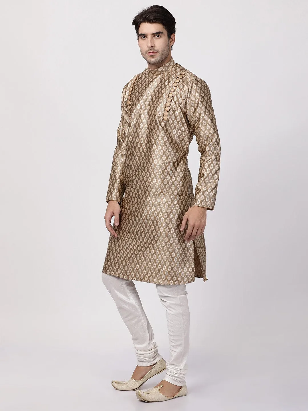 VASTRAMAY Men's Gold Cotton Silk Blend Kurta and Churidar Set