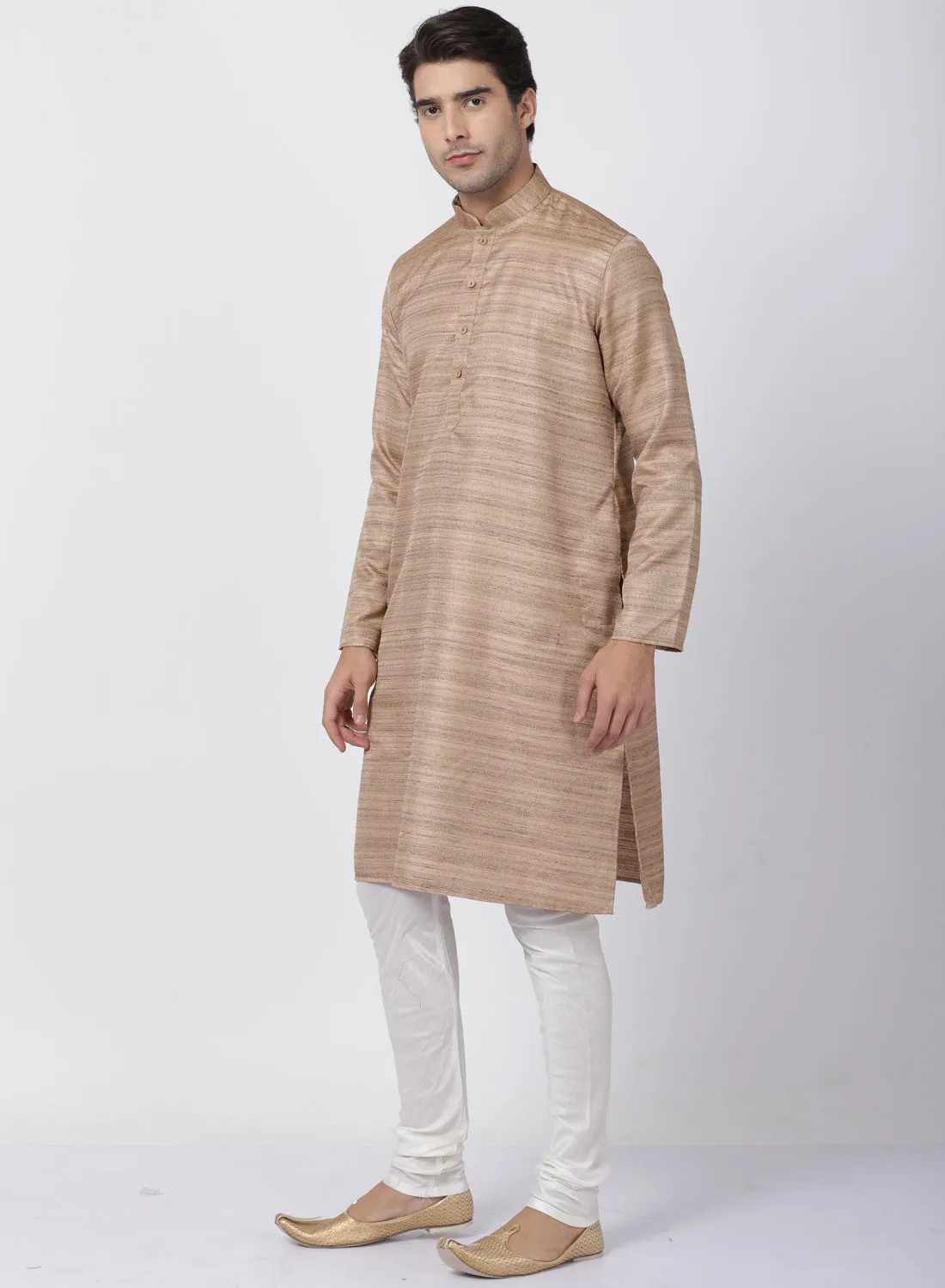 VASTRAMAY Men's Gold Cotton Silk Blend Kurta and Pyjama Set