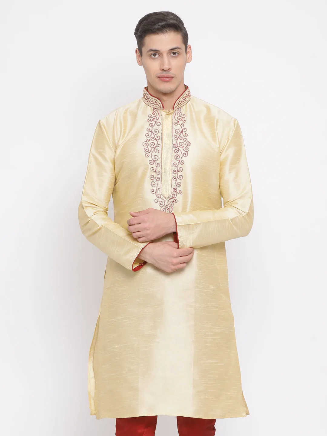 VASTRAMAY Men's Gold Cotton Silk Blend Kurta