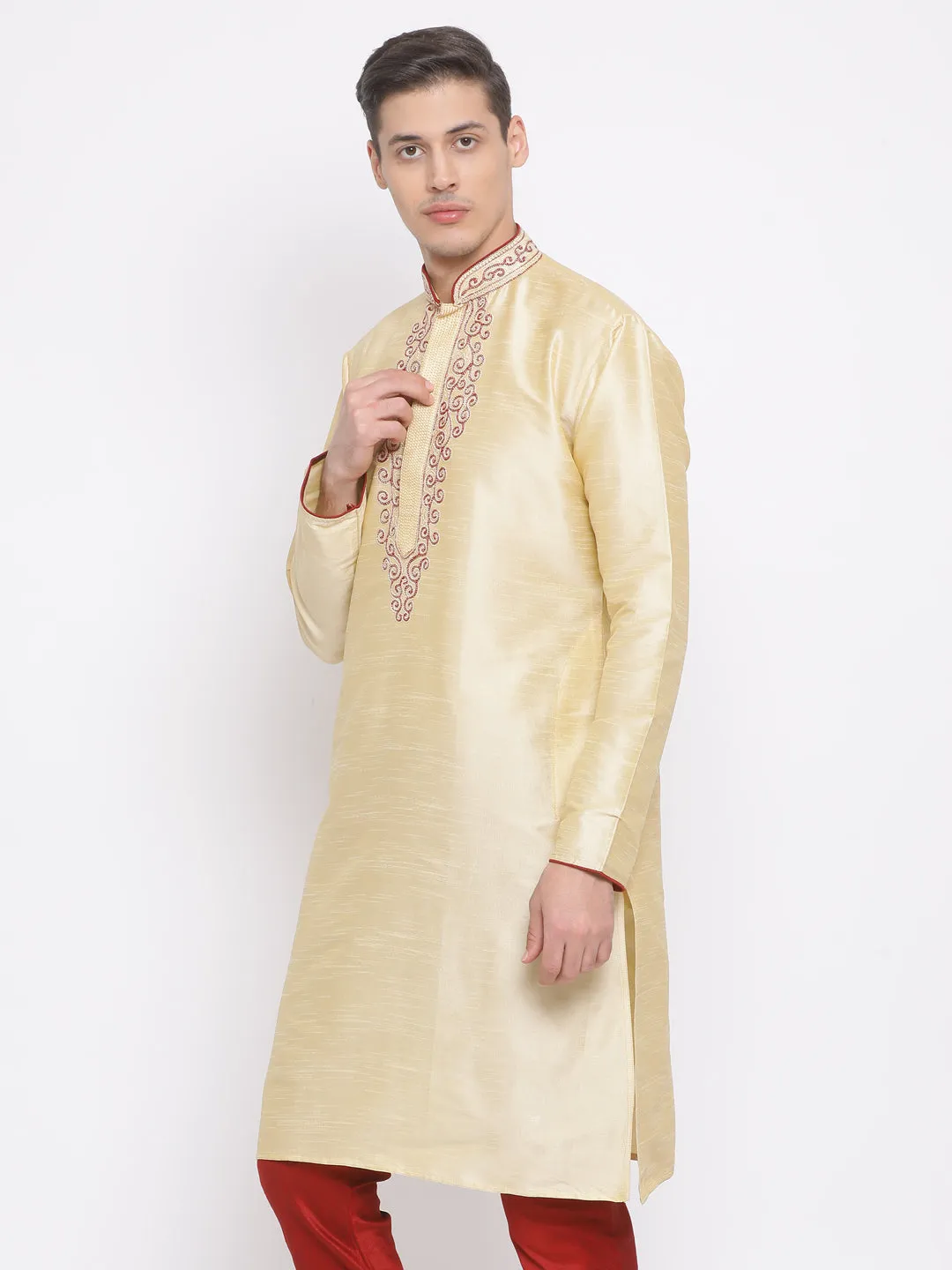 VASTRAMAY Men's Gold Cotton Silk Blend Kurta