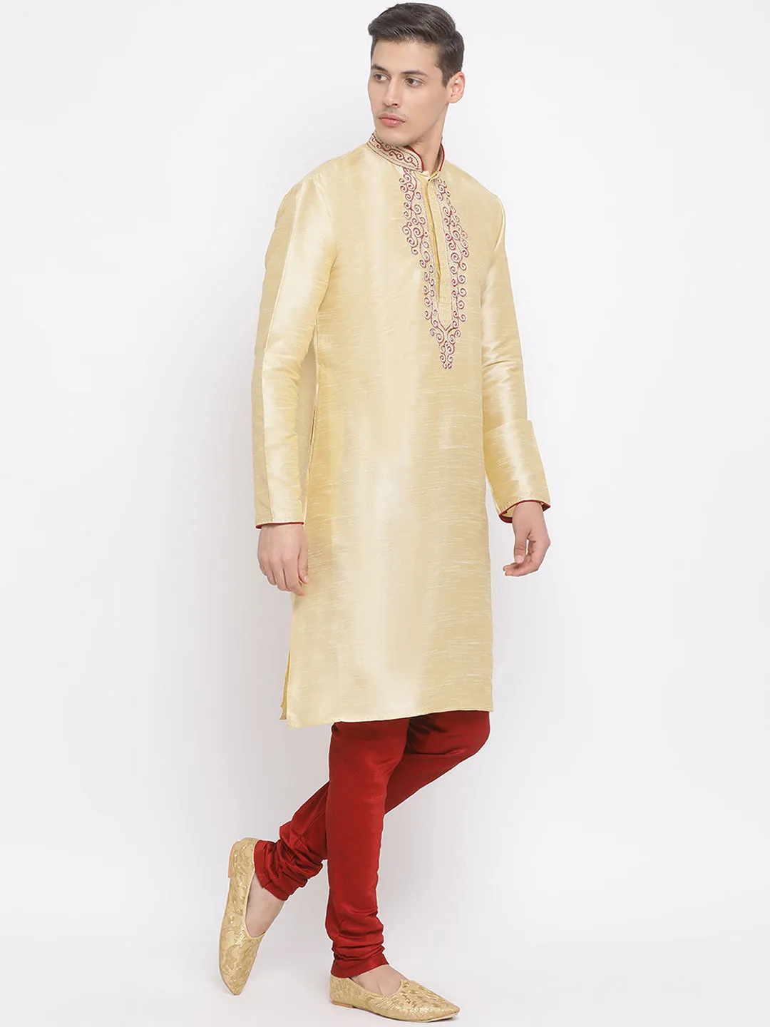 VASTRAMAY Men's Gold Cotton Silk Blend Kurta