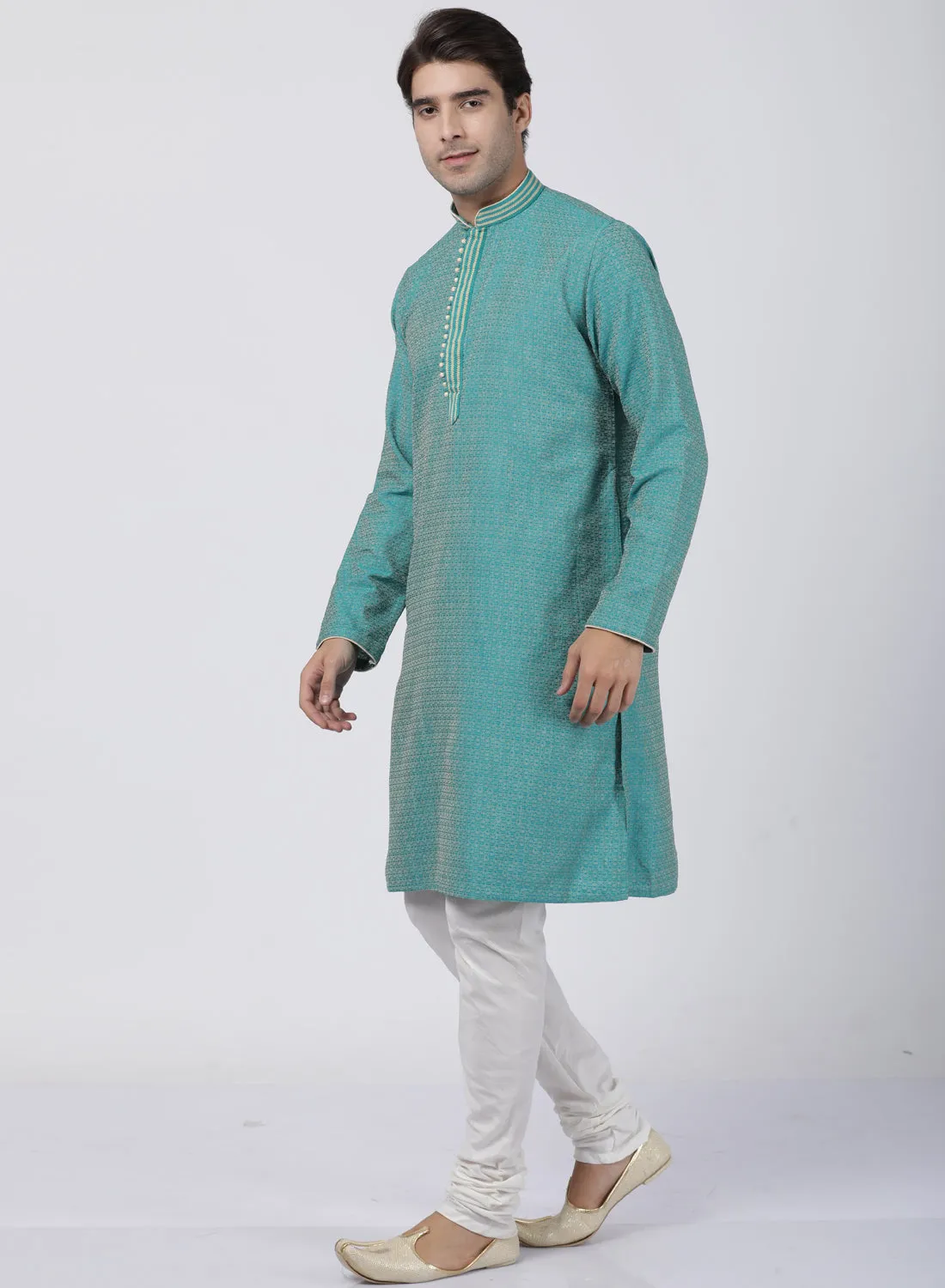 VASTRAMAY Men's Green Cotton Silk Blend Kurta and Pyjama Set