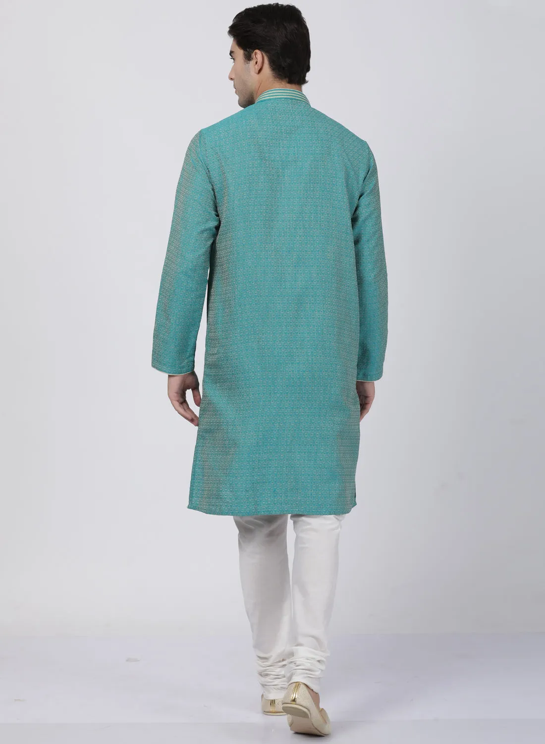 VASTRAMAY Men's Green Cotton Silk Blend Kurta and Pyjama Set