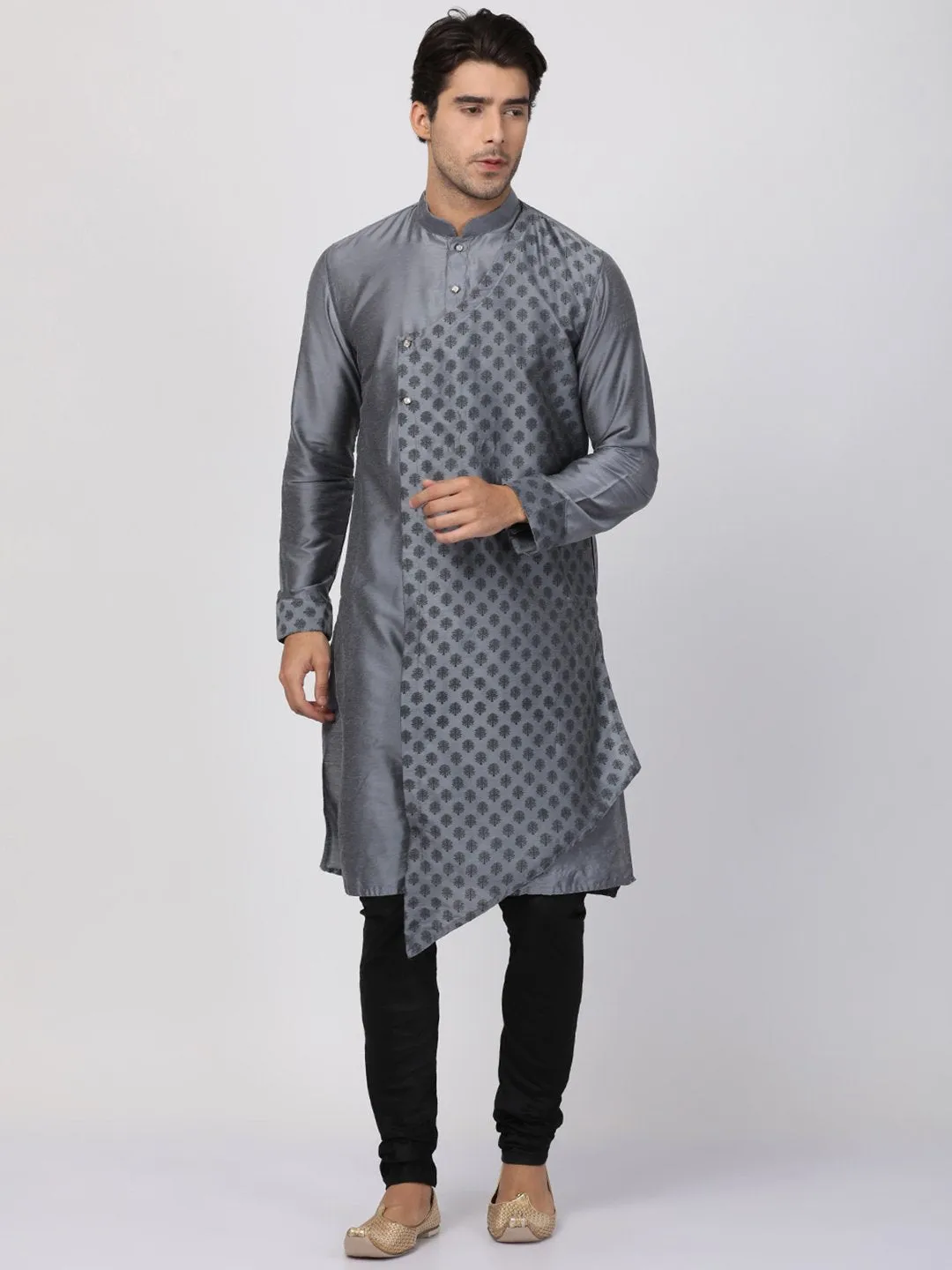 VASTRAMAY Men's Grey Cotton Silk Blend Kurta and Churidar Set