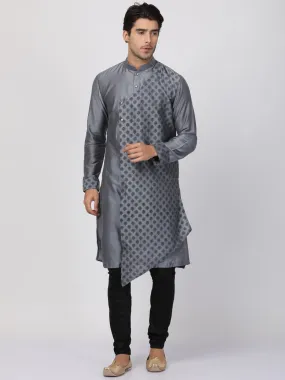 VASTRAMAY Men's Grey Cotton Silk Blend Kurta and Churidar Set