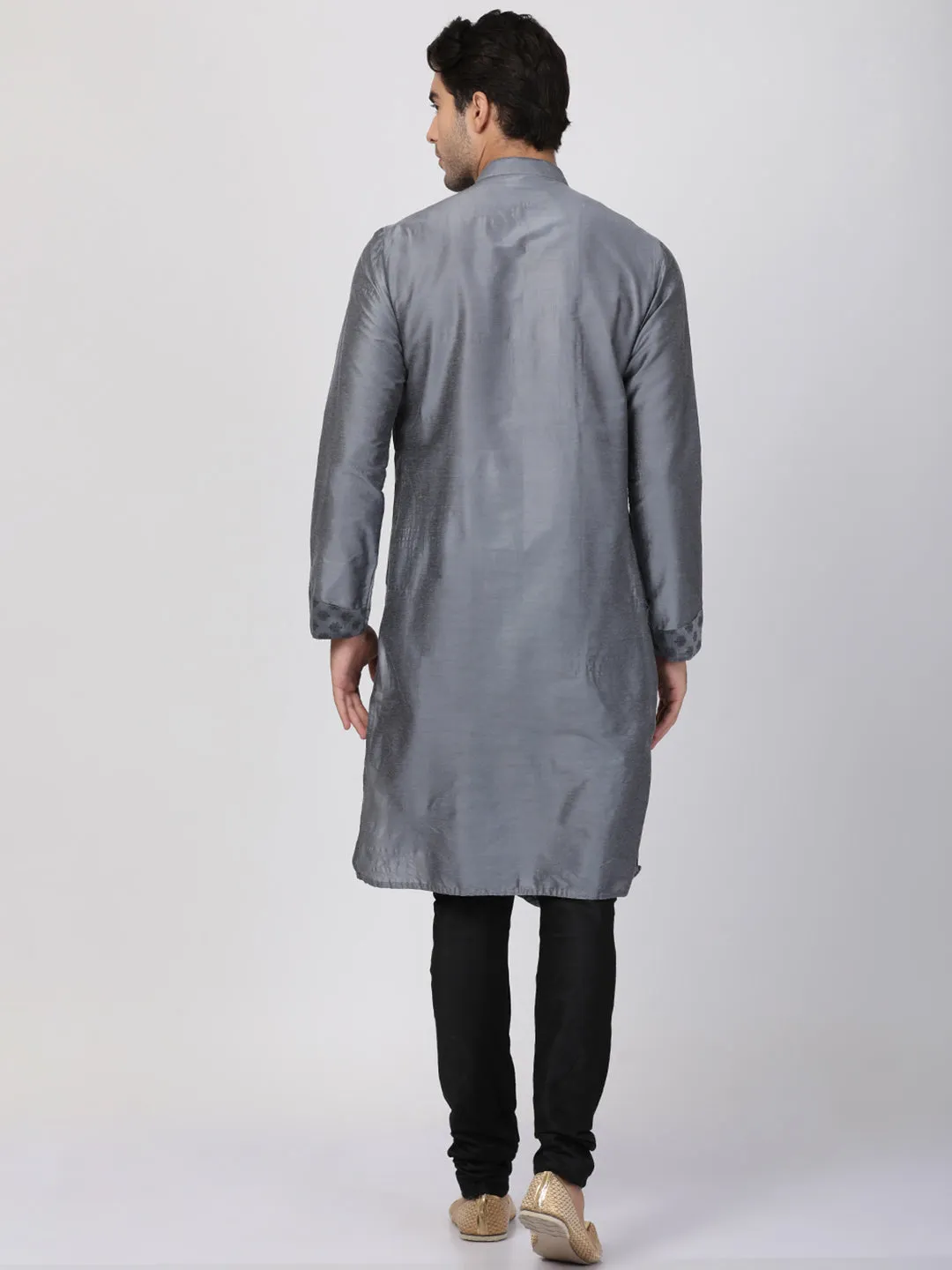 VASTRAMAY Men's Grey Cotton Silk Blend Kurta and Churidar Set